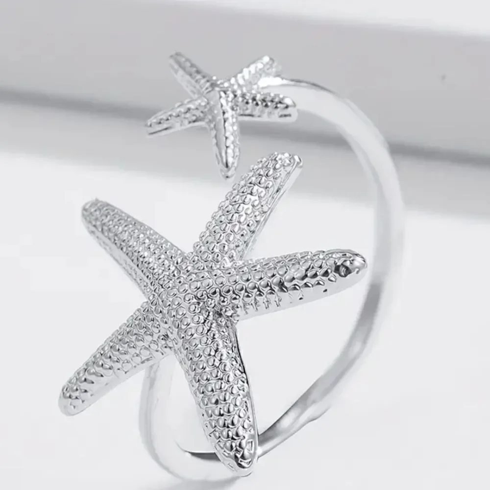 Starfish cuff ring silvertone